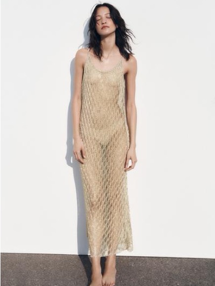Zara Golden Knit Dress With Metallic Thread L